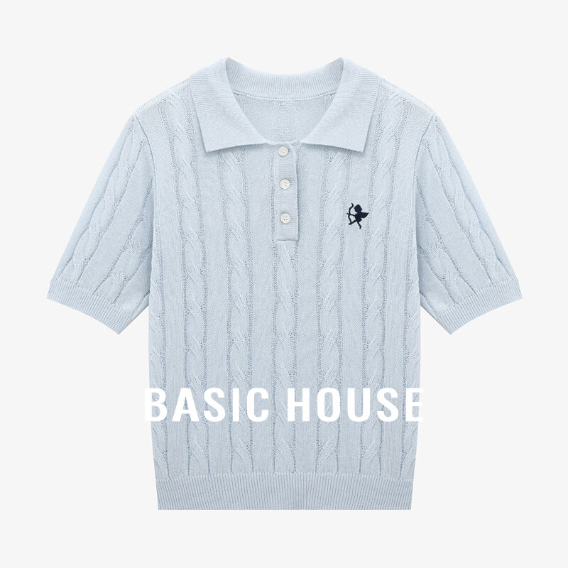 百家好（Basic House）Basic House/百家好夏季新款修身显瘦气质纯色纽扣翻领短袖针织衫 蓝色 M