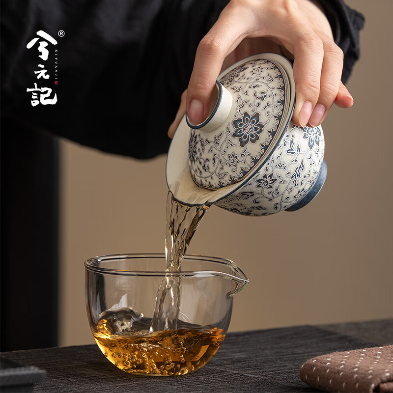 兮元记青花三才盖碗茶杯单个高档茶具大号描银泡茶碗三件套教师节礼物 砾华银莲器禾盖碗【东方礼盒】