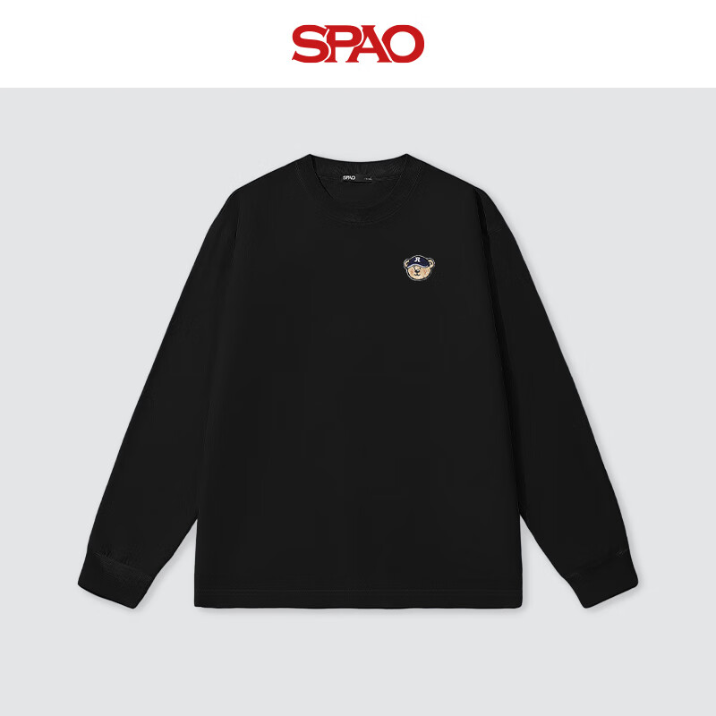 SPAO收袖圆领长袖T恤男女2025春秋新款居家简约风上衣SPCX25ST02XY 黑/蓝帽子熊-贴布绣 L