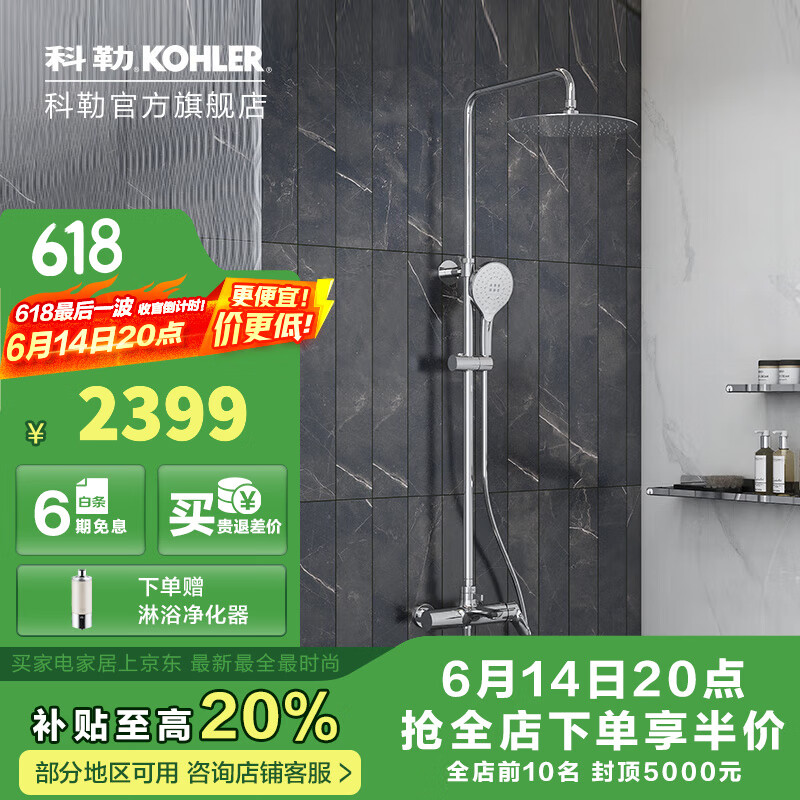 科勒（KOHLER）利奥淋浴花洒淋浴水龙头浴室洗澡龙头硬管连接大头顶【国补15%】 26241T圆形顶喷