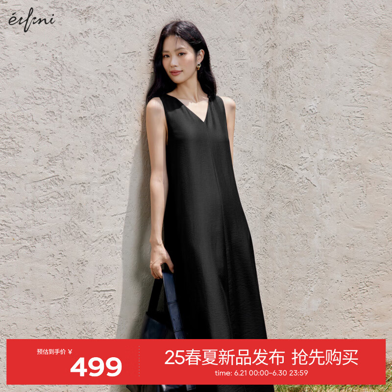 伊芙丽（eifini）伊芙丽侧开叉高莱赛尔连衣裙女夏透感不收腰宽松女装2025夏装新款 黑色 L