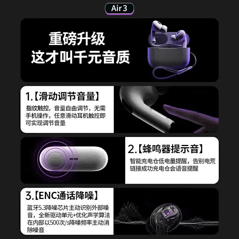 萨勒芬妮【华强北10代纯原顶配】Air蓝牙耳机无线Pods3半入耳式降噪耳机排行前十适用苹果安卓iphone16/15 【官网顶配降噪版】原版1:1全功能 空间音頻+智能触控+三真电量