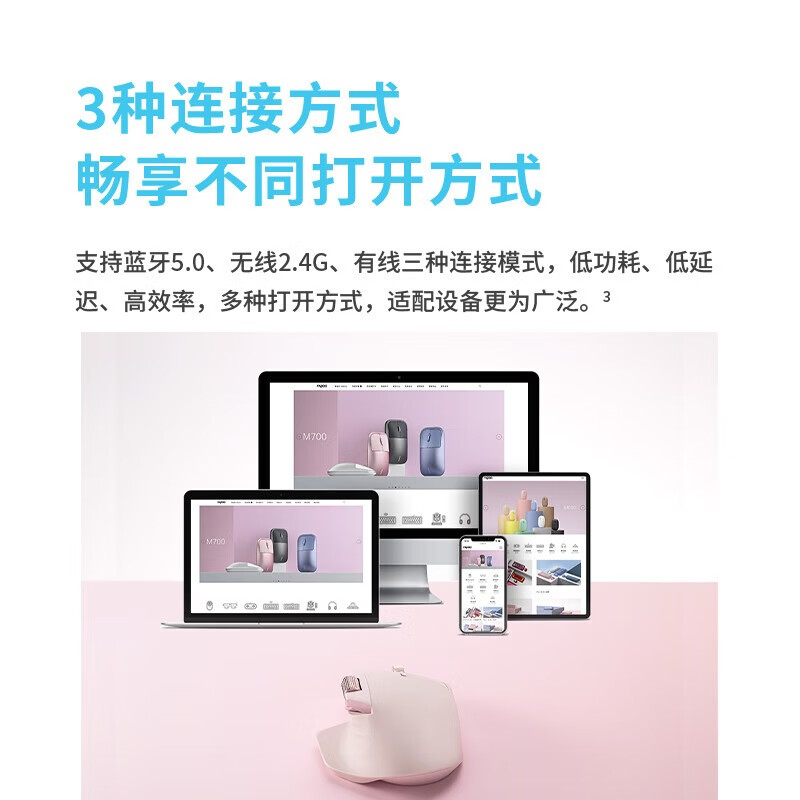 雷柏MT760/Mini有线无线鼠标静音大手人体工学充电蓝牙鼠标笔记本办公 多模式鼠标外设充电 MT760-蔷薇粉【送鼠标垫】