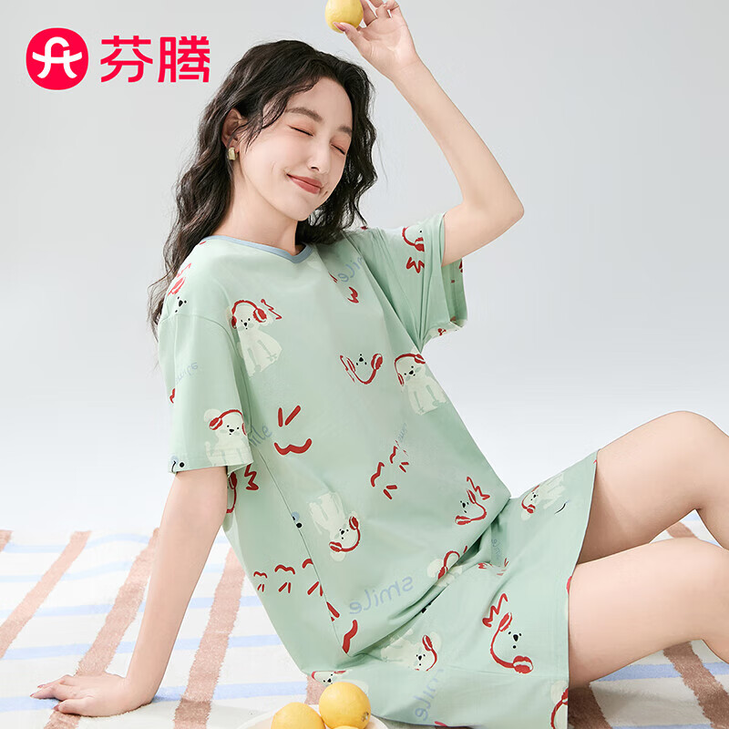 芬腾睡裙女【纯棉】2025夏季新款撞色圆领萌趣小狗薄款短袖家居服 浅绿 L