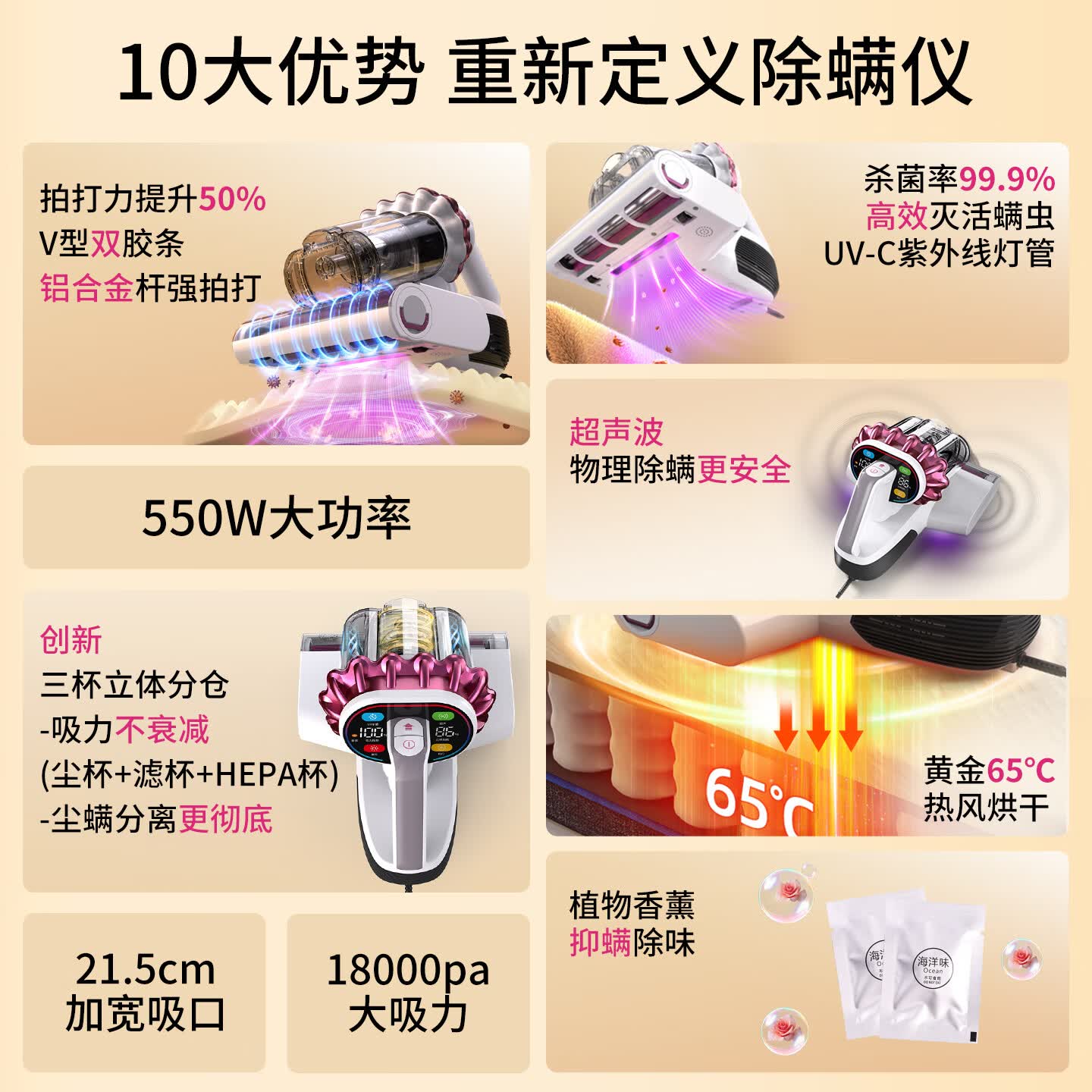 小狗除螨仪家用床上高温杀菌吸尘器三合一吸猫毛宠物防缠18kpa大吸力床宝紫外线杀菌母婴升级三尘杯 升级款首创三尘杯【99.99%杀菌除螨】