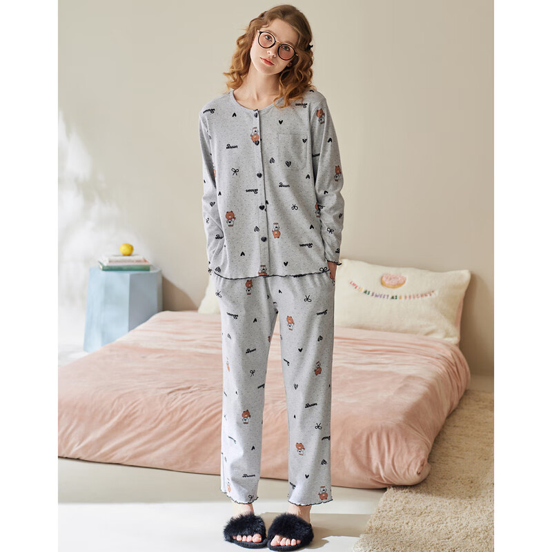 芬腾布朗熊睡衣女纯棉春秋季圆领开衫长袖可爱卡通全棉家居服套装 浅灰 XL 建议125-145斤