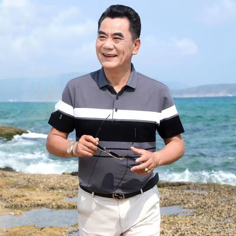 【厂家直供】爸爸夏装短袖t恤中老年人男装丝光棉上衣中年男士休 灰色 185建议180-200斤 均码
