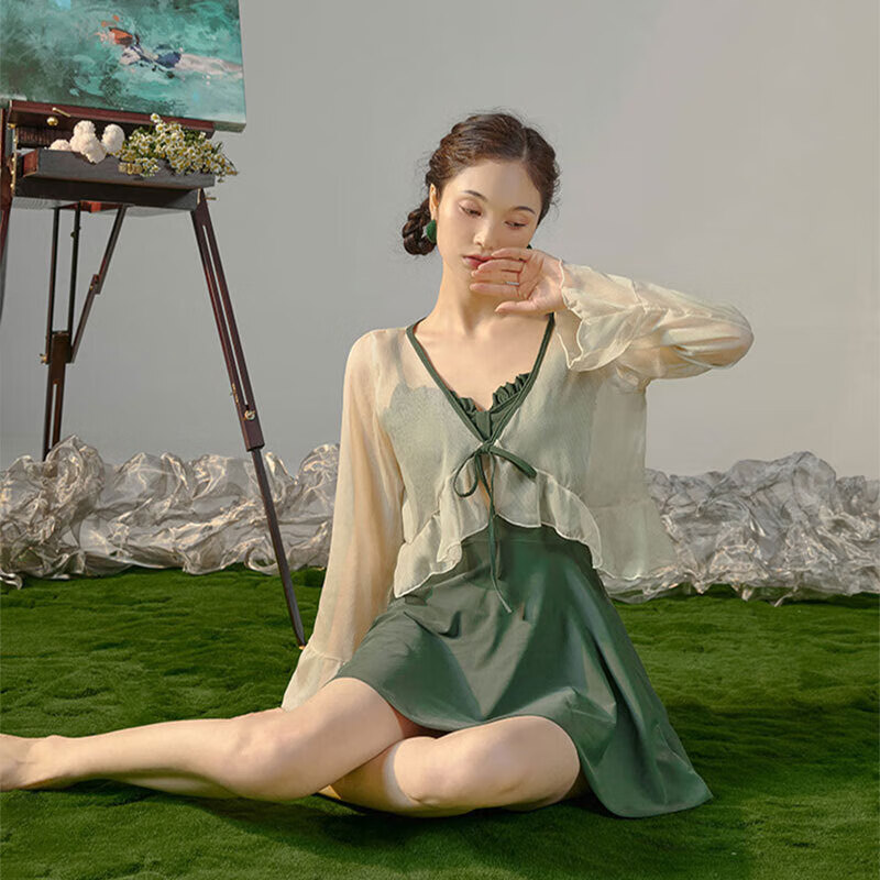 翊尚美泳衣女保守显瘦遮肚防晒罩衫两件套连体套装学生聚拢小胸户外沙滩 黑色 【防晒罩衫+打底裤】 均码 【推荐80-120斤】