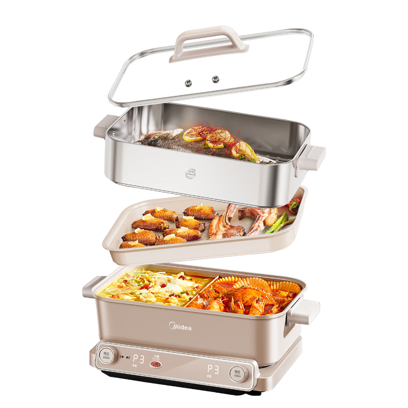 美的（Midea）电火锅钛陶0氟多功能锅不锈钢蒸锅鸳鸯火锅专用锅超薄速沸多功能一体电锅煎烤料理锅DLS332266S