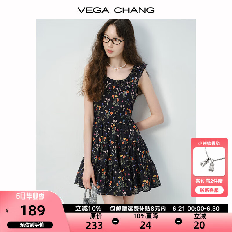 VEGA CHANG【莱赛尔】无袖连衣裙女2025年新款碎花荷叶边连衣短裙 黑色碎花 S