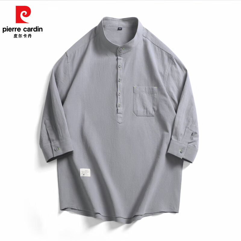 皮尔卡丹日系立领纯棉衬衫男士宽松大码衬衣中式唐装外套休闲七分袖上衣服 米色 2XL