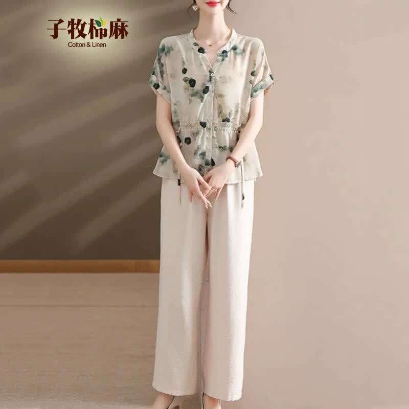 子牧棉麻夏装 女文艺复古套装时尚上衣收腰显瘦短袖衬衫两件套9429 浅绿色套装 * L (建议115-125斤)
