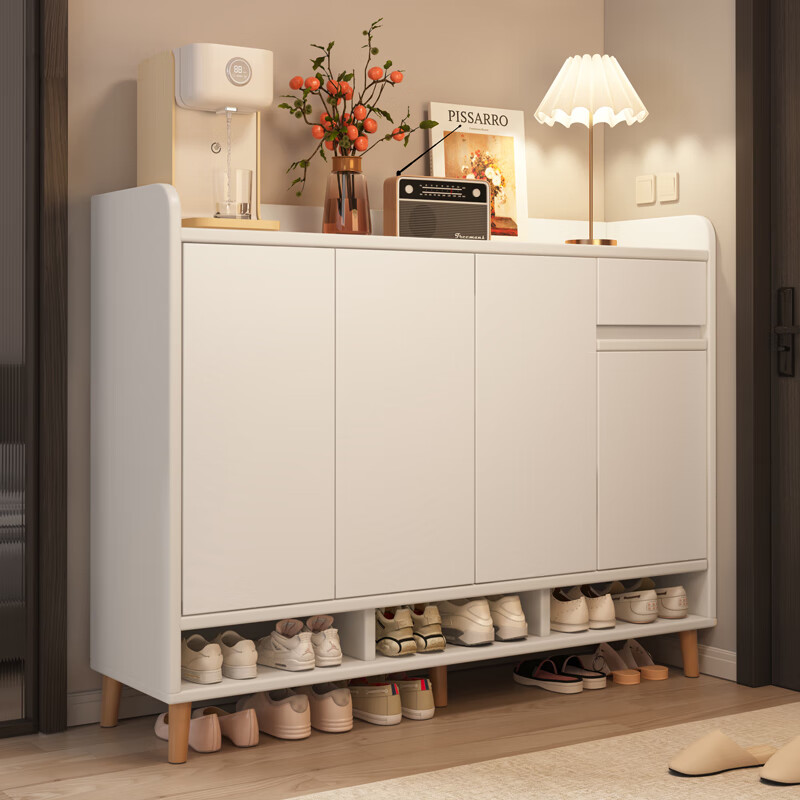 立太（LEADTEK）鞋柜门口入户收纳柜大容量一体靠墙玄关柜多层家用收纳架实木鞋架 【实木生态板-加厚15MM板】140*32*100CM暖白