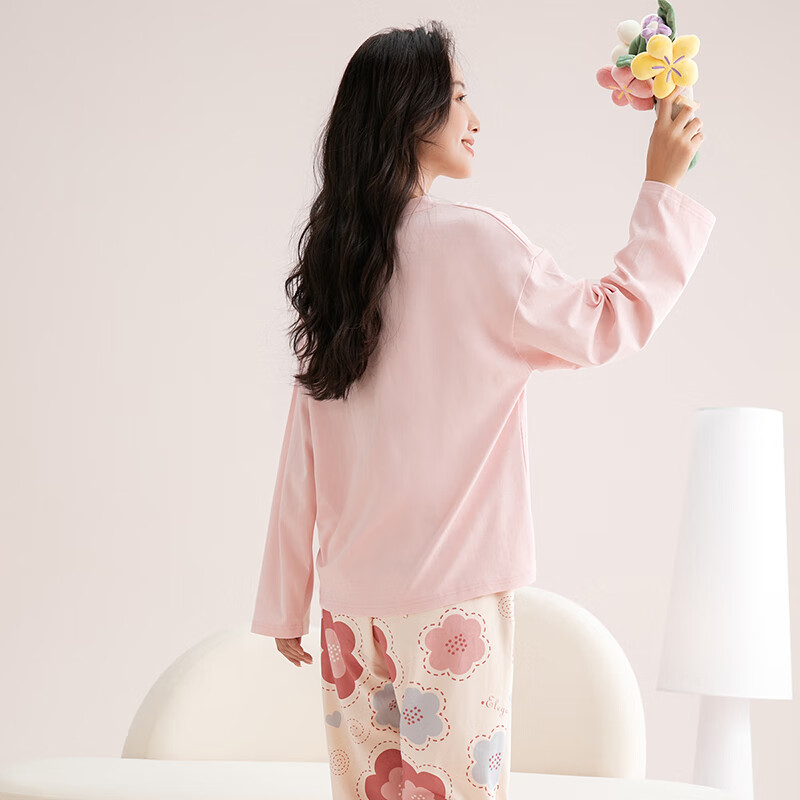 芬腾睡衣女100%纯棉2025秋新款亲肤圆领长袖花卉休闲家居服套装可外穿 浅粉 M
