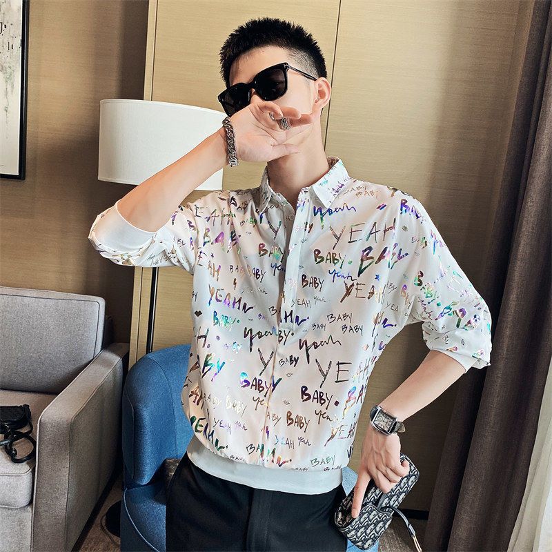 【严选】夏季薄款透气短袖衬衫男士条纹三分袖潮流痞帅白衬衣免烫 白色5 4XL 推荐165-180斤