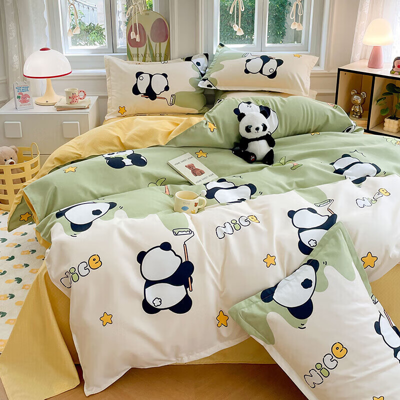 软贝小清新四件套 透气亲肤印花卡通简约田园风被套床单款套件 活力熊 2.0m 床单款 四件套（被套200*230cm）