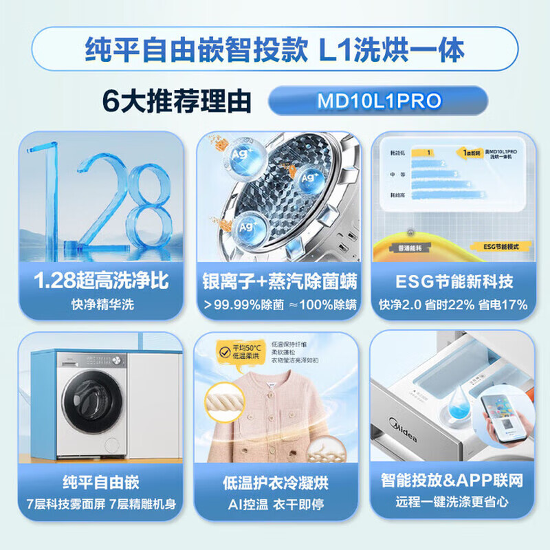 美的（Midea）滚筒洗衣机全自动 10公斤家用 纯平自由嵌入精华洗 智能投放 快净2.0科技  除菌除螨洗衣机  白色1.28洗净比L1PRO可烘干