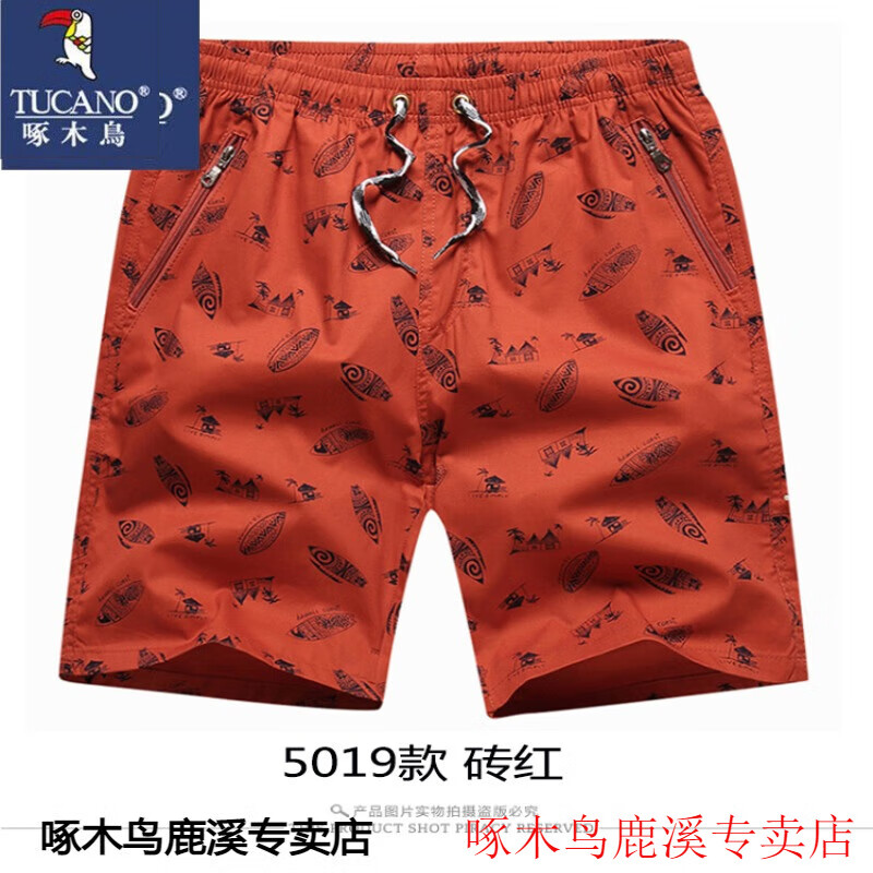 啄木鸟（TUCANO）休闲短裤子男宽松家居大尺码男士短裤外穿纯棉运动五分沙滩裤印花 橘红 5019 XL 120斤-139斤