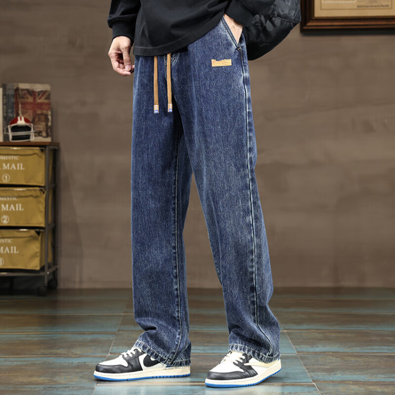 AEMAPE美国苹果高端牛仔裤男士2025新款美式复古宽松休闲直筒阔腿长裤子 深蓝色 【春秋款】 L 建议105-125斤
