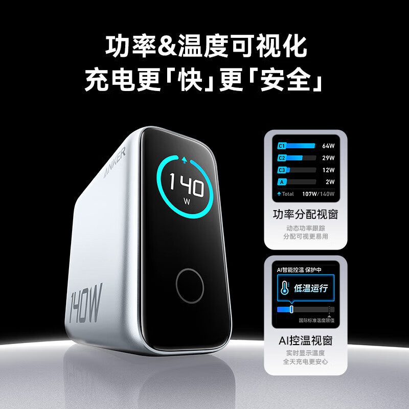 ANKER【新3C认证】安克充电器140W灵光智显氮化镓首款AI屏显type-c四口充电头配线快充iPhone17手机电脑 【深灰色】智能屏显140W四口快充+1.5米双C线