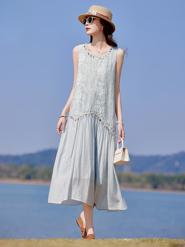 罗蒙（ROMON）高端亚麻棉麻无袖背心连衣裙女夏新款高级感海边度假显瘦雪纺长裙 蓝色 M  （100斤以内）