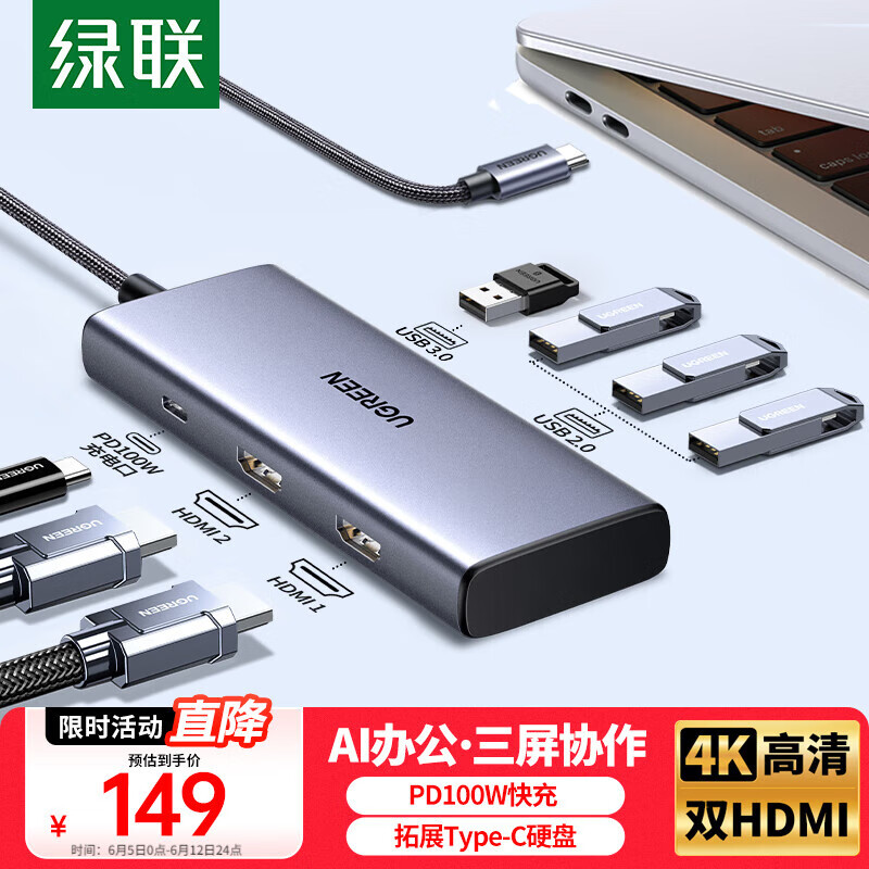 Type-CչUSB-Cת˫HDMI׵4չ4KչHUB149Ԫ