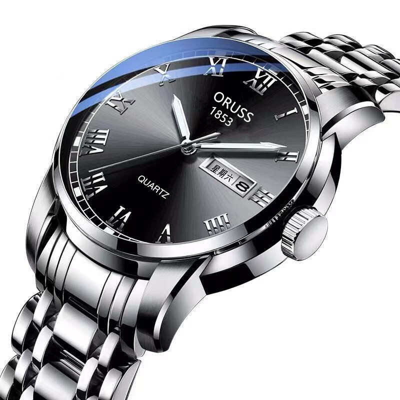 (0.01)全自动机芯表夜光精钢日历手表男士韩版情侣石英非机械表 罗马男款 银带黑面