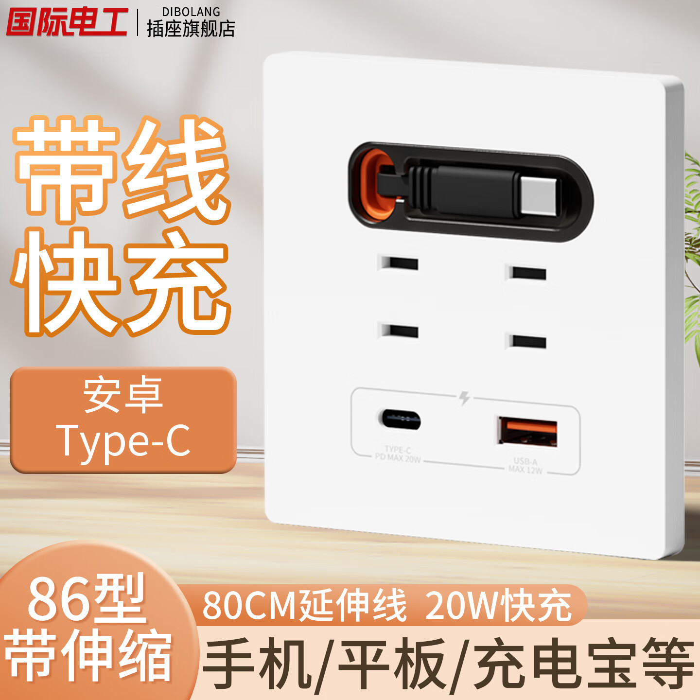 国际电工 （DIBOLANG）86型带伸缩数据线USB五孔插座20W快充插座开关面板手机充电Type-c 安卓线+四孔+USB+Type-C【白色】