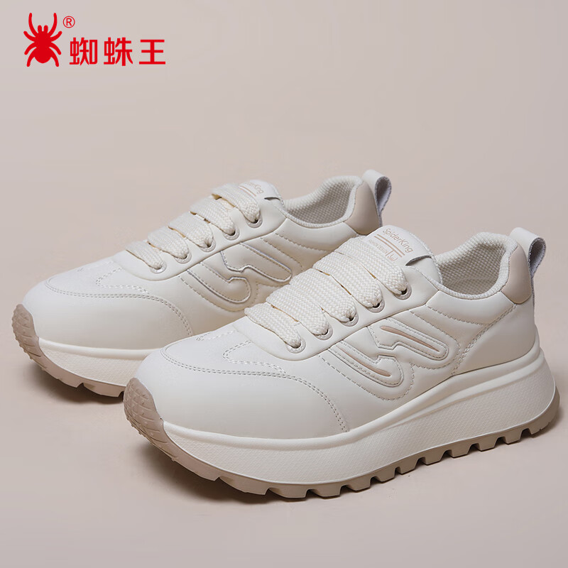 SPIDERKING蜘蛛王休闲鞋女秋季厚底时尚面包鞋软底中老年妈妈鞋 米色 39
