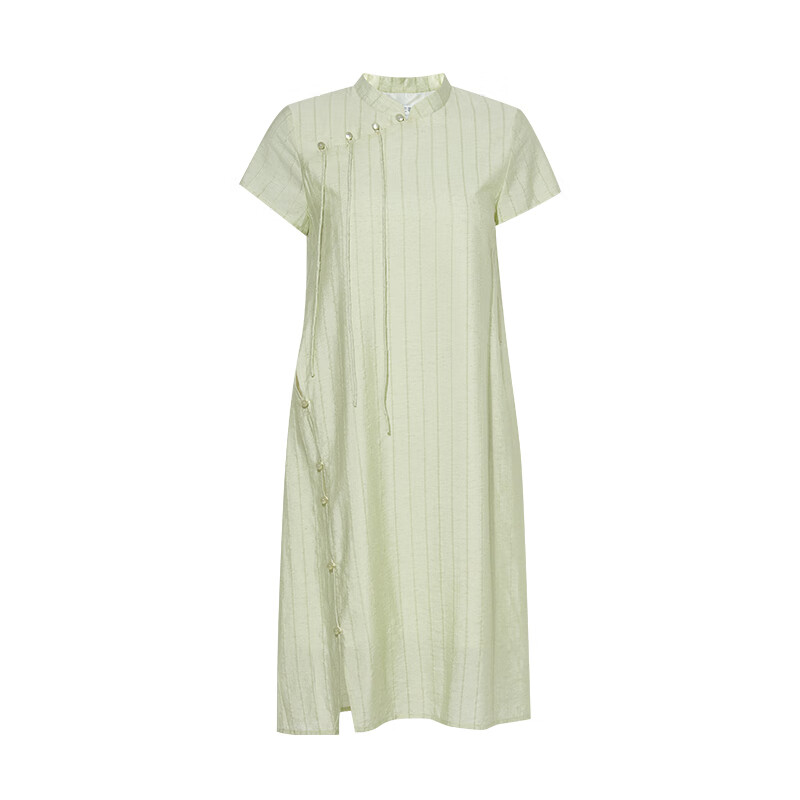 兩三事新中式流蘇連衣裙女2025夏季新款條紋國風(fēng)盤扣長(zhǎng)裙江南新綠 綠色 S