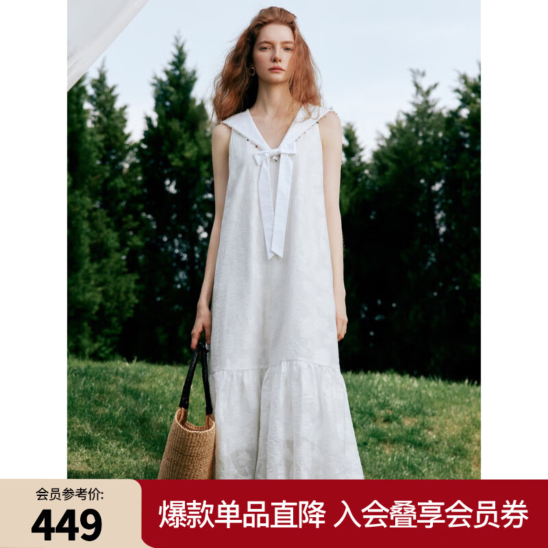 ELLE【ESTER HSU】海軍領(lǐng)無袖連衣裙女2025夏季新款減齡a字小白裙 白色 S