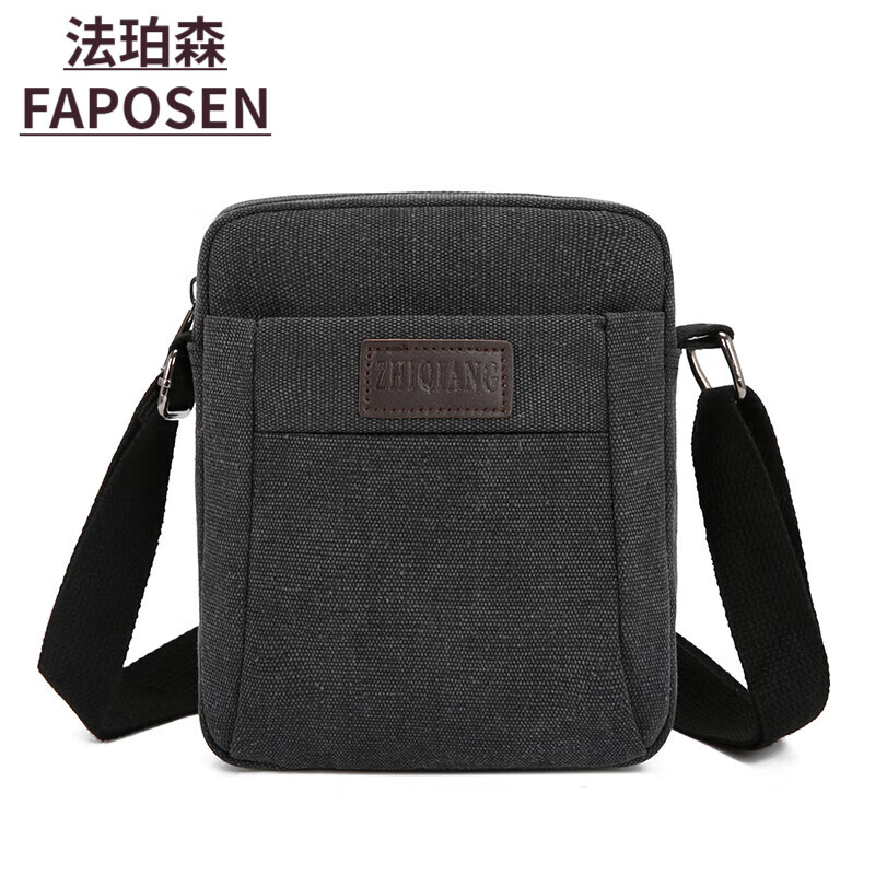 法珀森（FAPOSEN）男士单肩包帆布休闲简约斜挎包中老年挎包多层生意收钱包老人背包 黑色