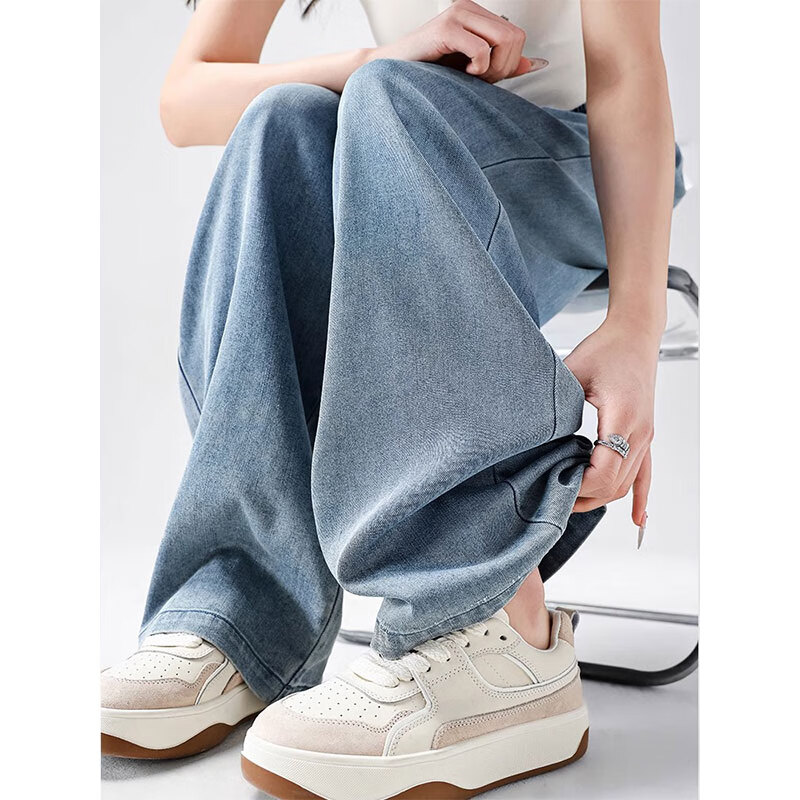 浪莎阔腿牛仔裤女春夏新款天丝凉感防晒休闲裤小个子轻薄高腰直筒裤子 怀旧蓝 【凉感天丝轻薄款】 S 【推荐80-95斤】