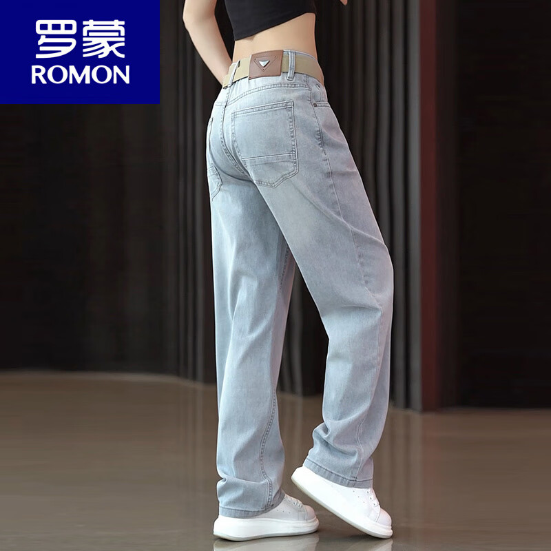 罗蒙（ROMON）高端水洗复古牛仔裤男款春秋季2025新款男裤浅色阔腿宽松直筒裤子 V8-K66款冰雪银灰色 薄款 28 码
