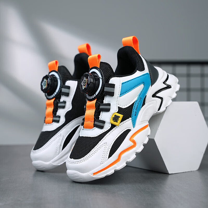 贝天熊童鞋儿童运动鞋秋冬款男童网面透气跑步鞋女革面旋钮扣学生鞋 K398黑桔【四季双网】 28 内长17.8/脚16.8