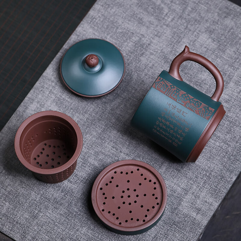 紫来顺宜兴紫泥粉浆五福临门五件套紫砂杯带内胆茶水分离杯办公泡茶杯 五福临门五件套