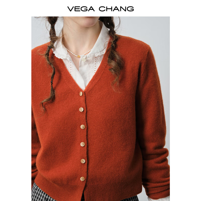 VEGA CHANG【小敏推荐】【100%绵羊毛】毛针织衫女2025新款秋气质开衫毛衣 樱桃红(毛针织衫) 均码