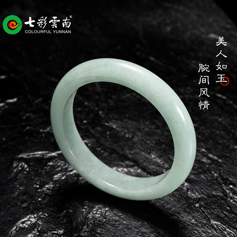 七彩雲(yún)南七彩云南翡翠手鐲天然飄花手鐲圓鐲玉鐲玉手鐲糯種送女友節(jié)日禮物 6800翡翠手鐲 淺綠_53-54