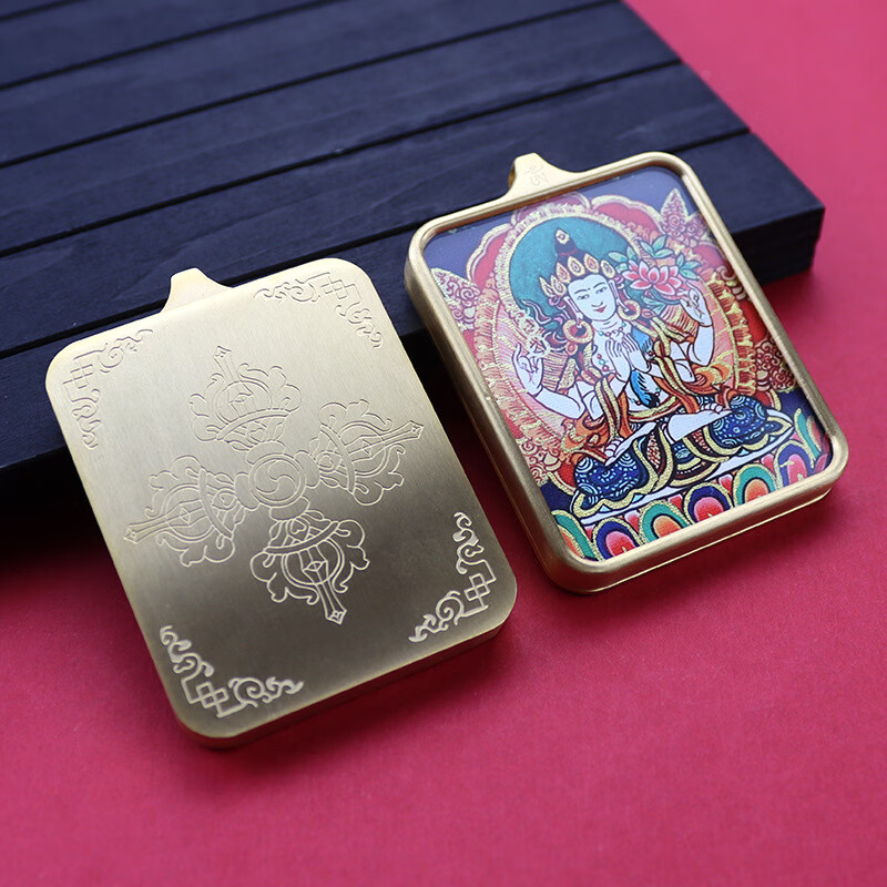 手繪描金藏式唐卡鈦鋼嘎烏盒吊墜五爺文殊八大守護神佛牌掛墜 千手觀音手繪描金紅藍款唐卡(鈦鋼款)