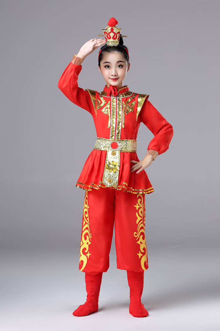 兒童花木蘭演出服戲曲表演小花旦穆桂英古裝盔甲服少兒打鼓服 紅色花木蘭裝 均碼 100cm 均碼