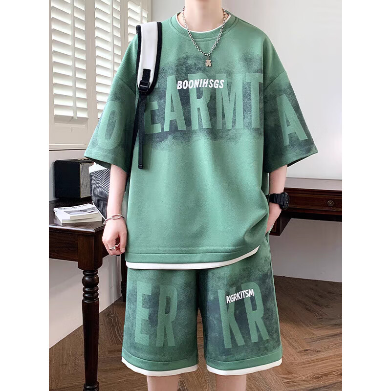 休闲运动套装男夏季冰丝胖子大码男装青少年帅气短袖短裤一套搭配 黑色 2XL 【140-160斤】