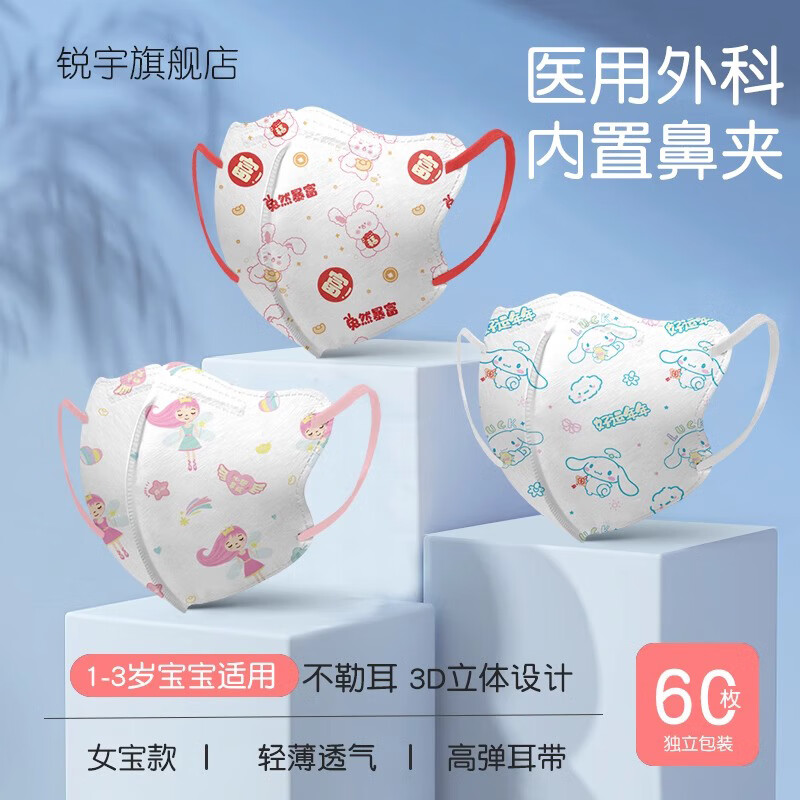 锐宇儿童医用口罩专用3d立体卡通男童女孩口罩正品可爱单独包装一次性 医用外科女宝独立混装60枚【0-3岁】 无规格