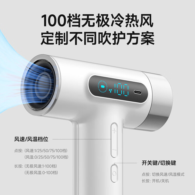 GBTW无线吹风机学生宿舍专用充电式不插电速干高速热风大功率便携电吹风 【10万转顶配】白色/27000毫安续航