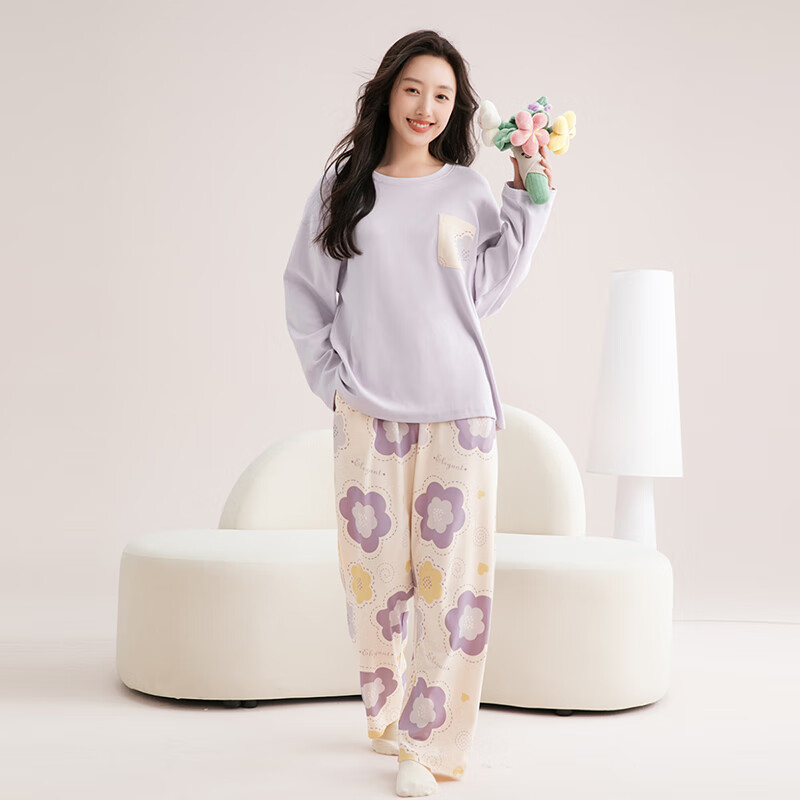 芬腾睡衣女100%纯棉秋新款亲肤圆领长袖花卉休闲家居服套装可外穿 浅紫 2XL