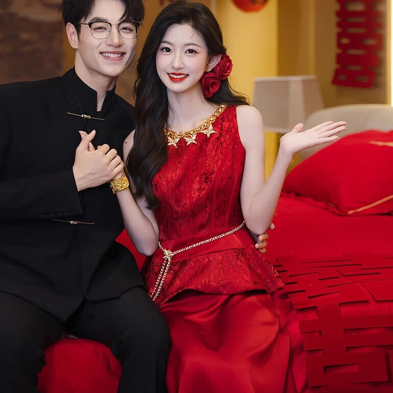 泰勒馬丁紅色新中式新娘旗袍敬酒服2025新款古裝婚紗結婚禮服出閣服回門服 HF058 L