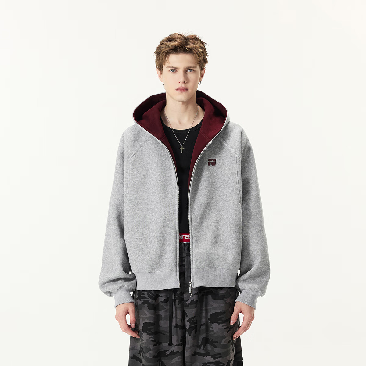 FORNINES微短款撞色刺绣双拉链开衫卫衣男女潮牌情侣连帽衫春秋季休闲外套 花灰色 XL