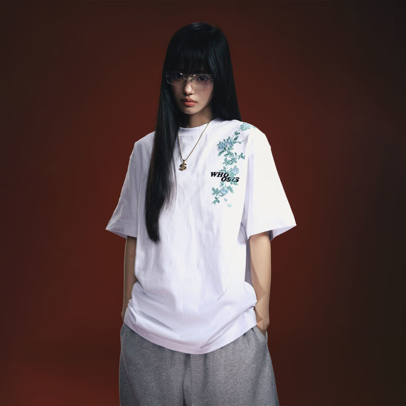 WHOOSIS(不知其名)蔷薇藤蔓刺绣短袖T恤夏季休闲百搭男女校园潮 黑色 【现货】 XL 三标齐全