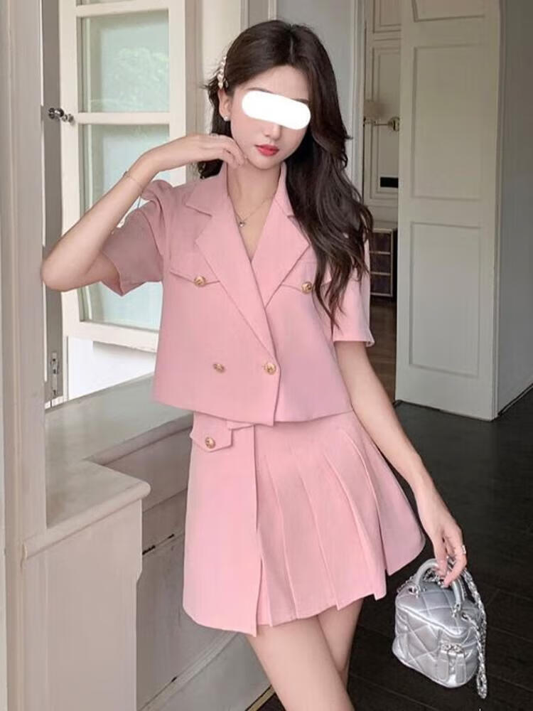 芳透时尚女装套装时髦洋气款女人味小个子气质小香风西装上衣短裙 粉色 M  建议80-100斤