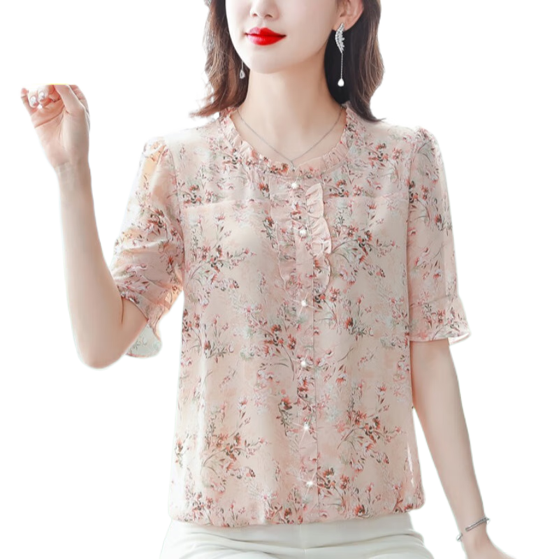 恒源祥夏款短袖碎花雪紡衫女夏季2025新款媽媽夏裝洋氣上衣寬松遮肚小衫 藍色 M
