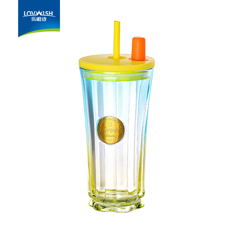 乐唯诗花开半朵玻璃吸管杯办公室咖啡杯高颜值夏日大容量水杯家用杯子 花开半朵吸管杯-蓝色-420ml*1